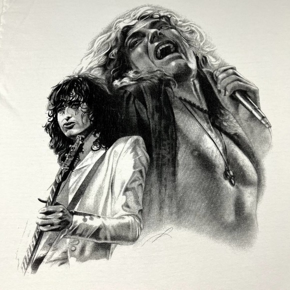 Vintage Led Zeppelin T-Shirt Size Large White Rock Band Portrait Drawing Art 90s - Picture 3 of 11